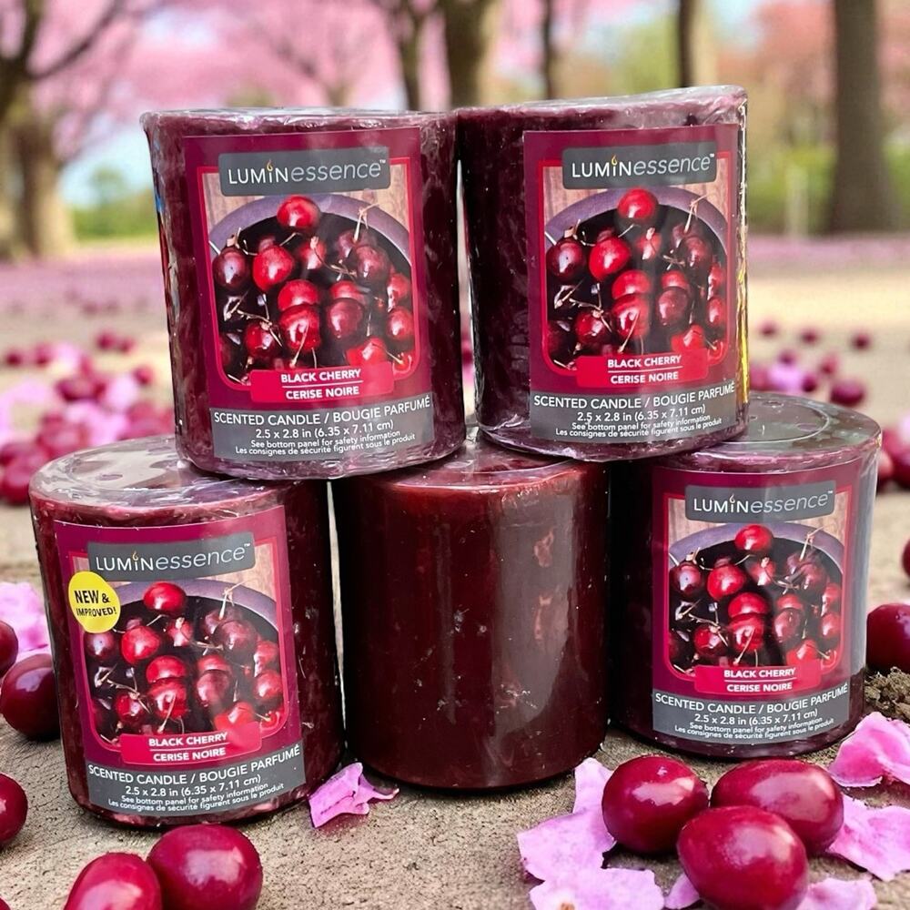 Luminessence Black Cherry Scented Candle Lot x5 Pillar Red Hostess Home Gift 7oz